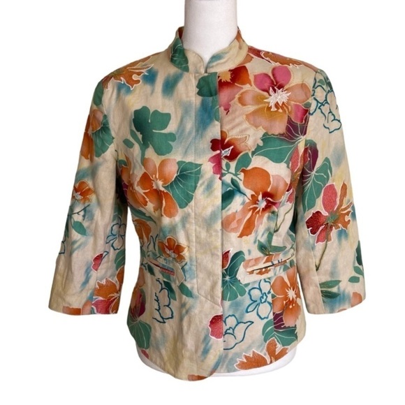 Coldwater Creek Colorful Floral Embroidered Linen Blend Boho Blazer Jacket Sz 8P - Picture 1 of 16